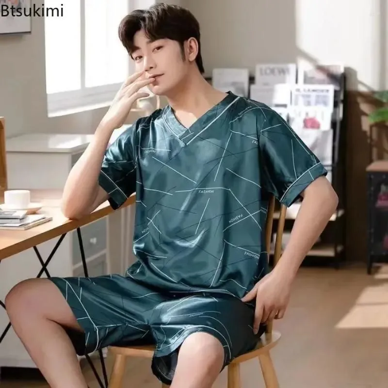 Men`s Sleepwear Short-sleeved Wear V-neck Large S Home Summer Man 2024 Ice Silk For Casual Men Size Sets Pijama Pajama