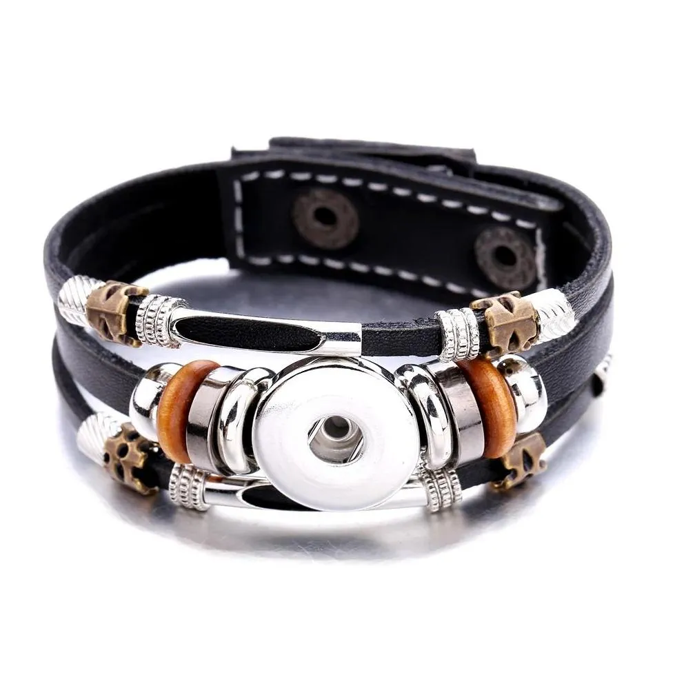 Braided Black Brown Leather Snap Button Bracelet Fit 18mm Snaps Jewelry