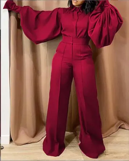 Autumn Jumpsuits for Ladies Full Lantern Sleeve High Waisted Turn Down Collar Fashion Elegant Long Rompers
