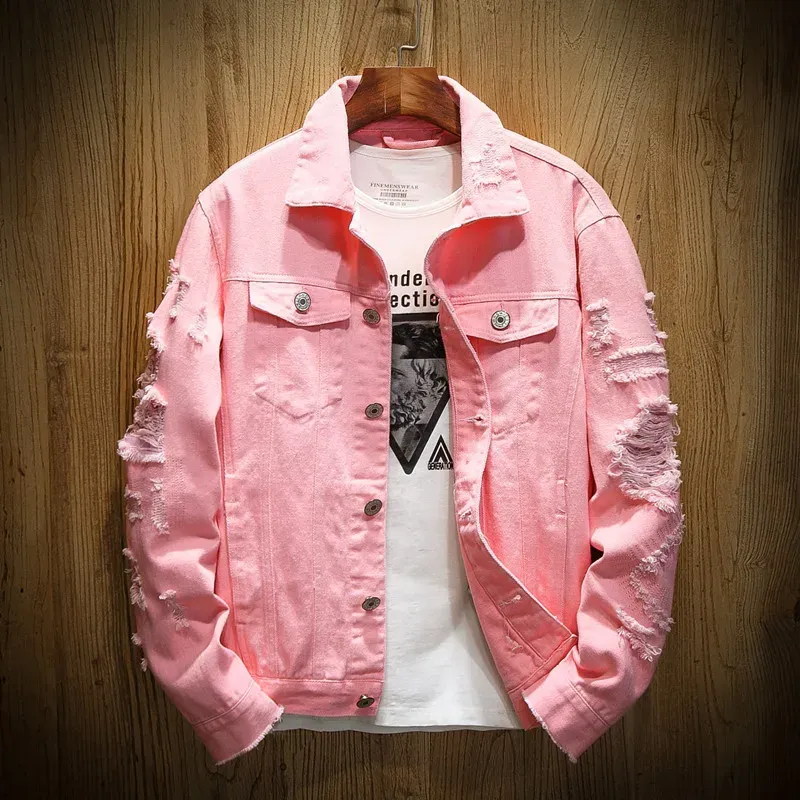 Denim Jacket Men Ripped Holes Mens Pink Jean Jackets Garment Washed Coat Designer Clothes