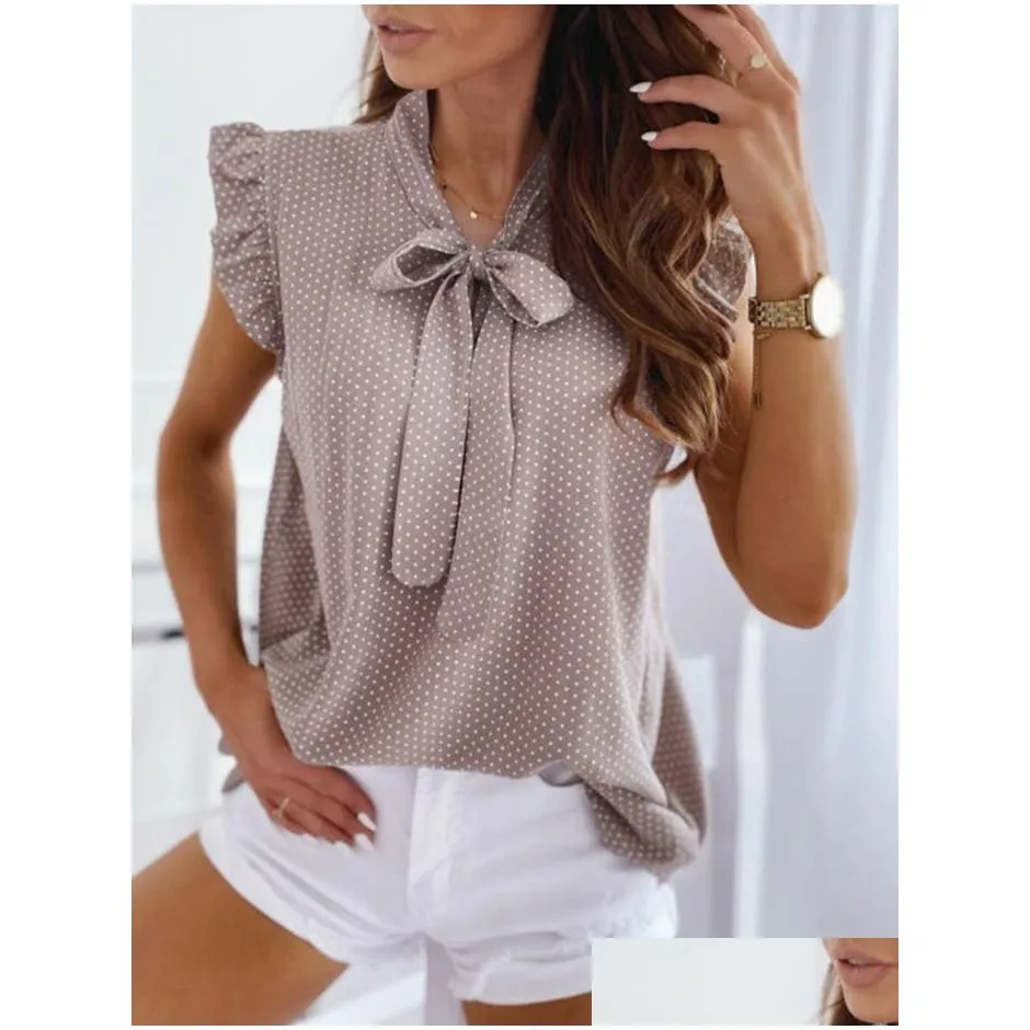 Women`s Tops Designer Exquisite Comfortable Fashionable High Quality Personality Polka Dot Bow Neck Sleeveless Shirt Top Female