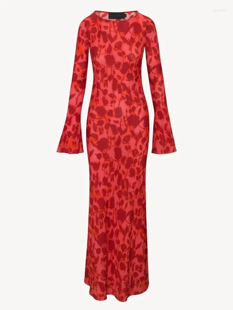 Casual Dresses Fall Long Sleeve Maxi Dress For Women 2023 Fashion Bodycon Slim Chiffon Red Print Party Elegant Vestidos