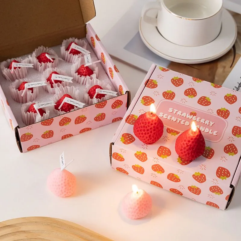 9 Pieces/set Strawberry Decorative Aromatic Candles Soy Wax Scented Candle for Birthday Wedding Candle gift box