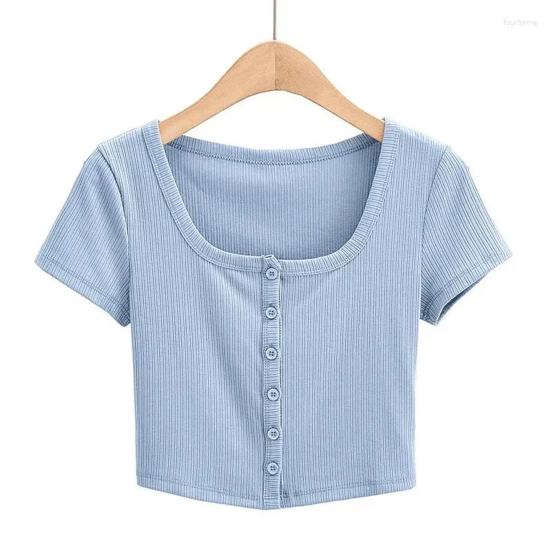 Women`s T Shirts Women Rib Button Through Short Sleeve Top