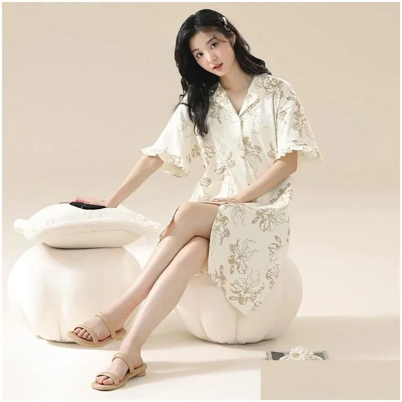 Women`s Sleepwear Cotton Anti Mite Antibacterial Women Summer Sexy Lace Short Sleeve Dress Loose Casual Korean Style Nightgowns