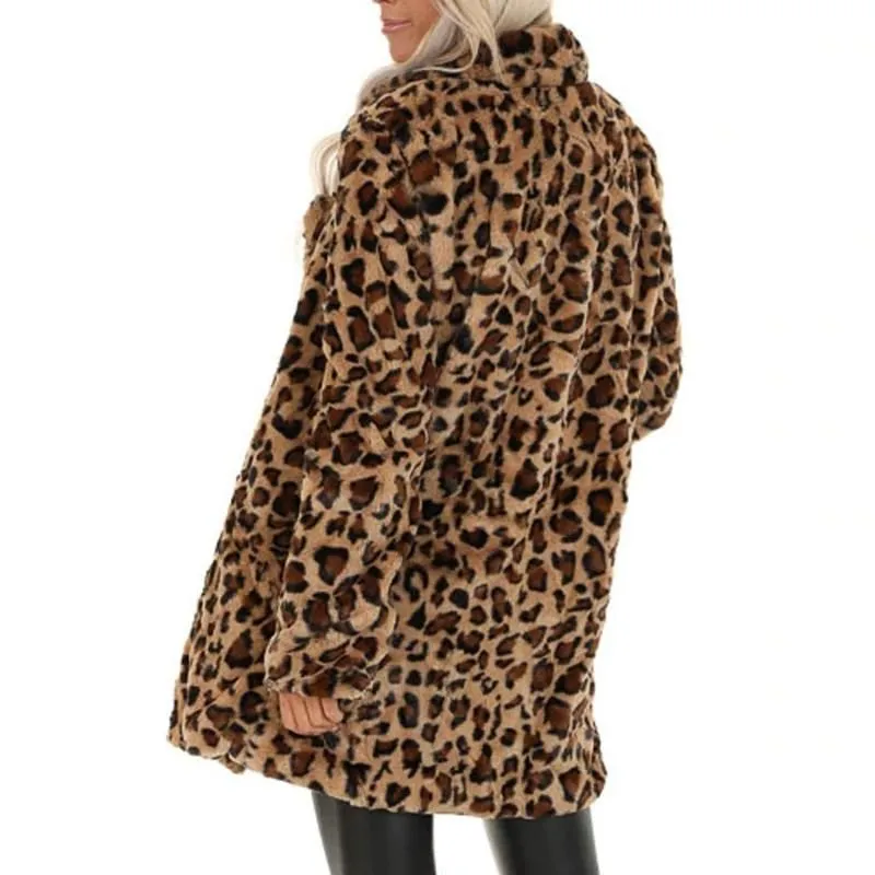 Women`s Leopard Faux Fur Pocket Fuzzy Warm Winter Oversized Outwear Long Coat Female Sleeve Outerwear Menteau Hiver @40 Jackets