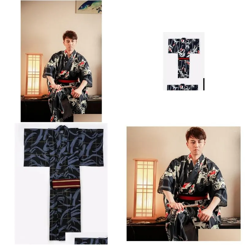 Ethnic Clothing Formal Party Costume Standard Kimono Japan Bathrobe Black Male Cotton Flower Vintage Asian Folk Cosplay One Size