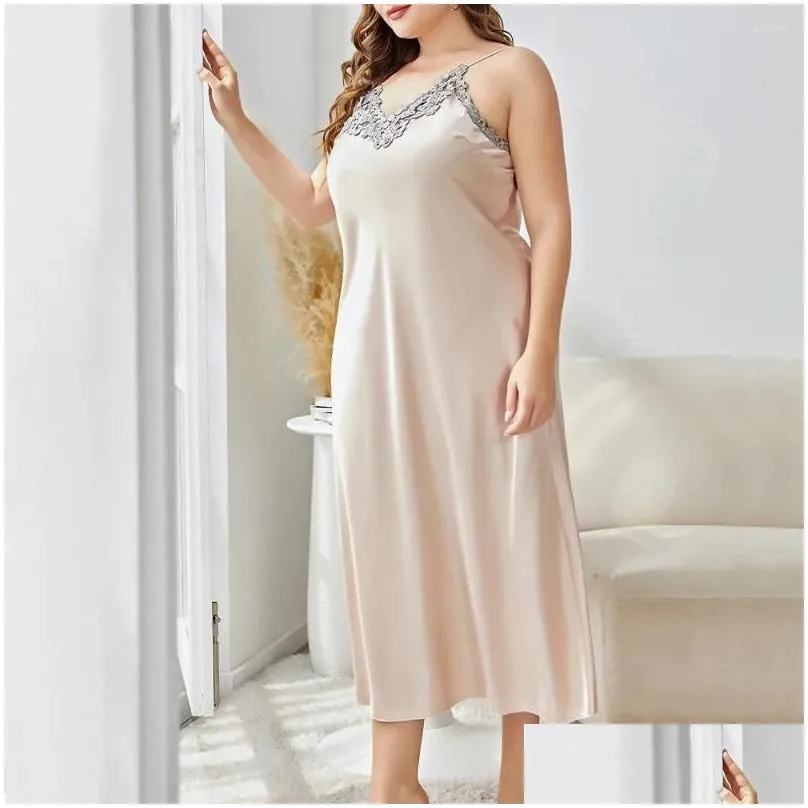 Women`s Sleepwear Sexy Lace Applique Long Nightdress Gown Women Home Dress Satin Nightgown Big Size XL-5XL