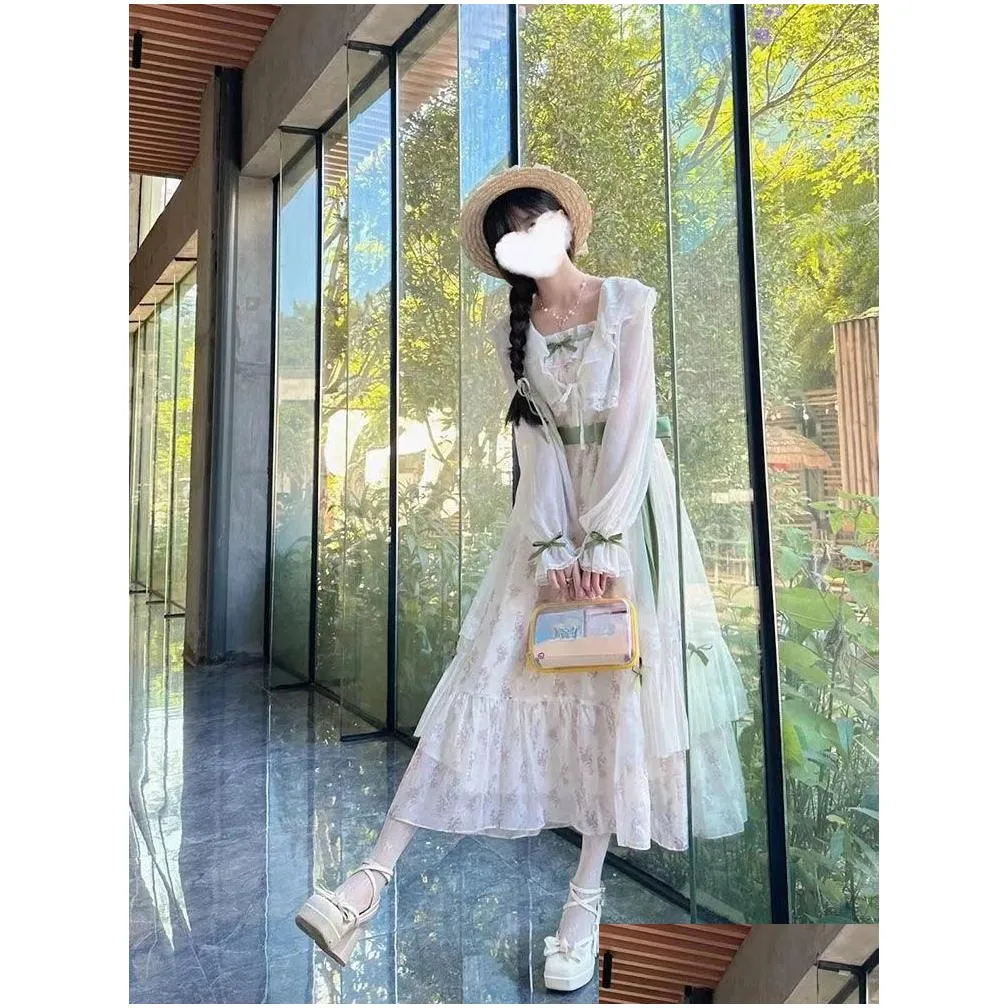 Work Dresses 2024 Autumn French 2 Piece Skirt Set Women Casual Office Lady Cardigan Fairy Elegant Outwear Floral Strap Dress Korean