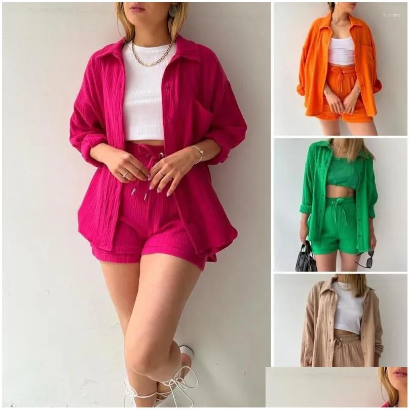 Women`s Tracksuits Women Outfit Long Sleeve Anti-Pilling Versatile Solid Color Pleated Shirt Wide Leg Shorts Set Top Streetwear