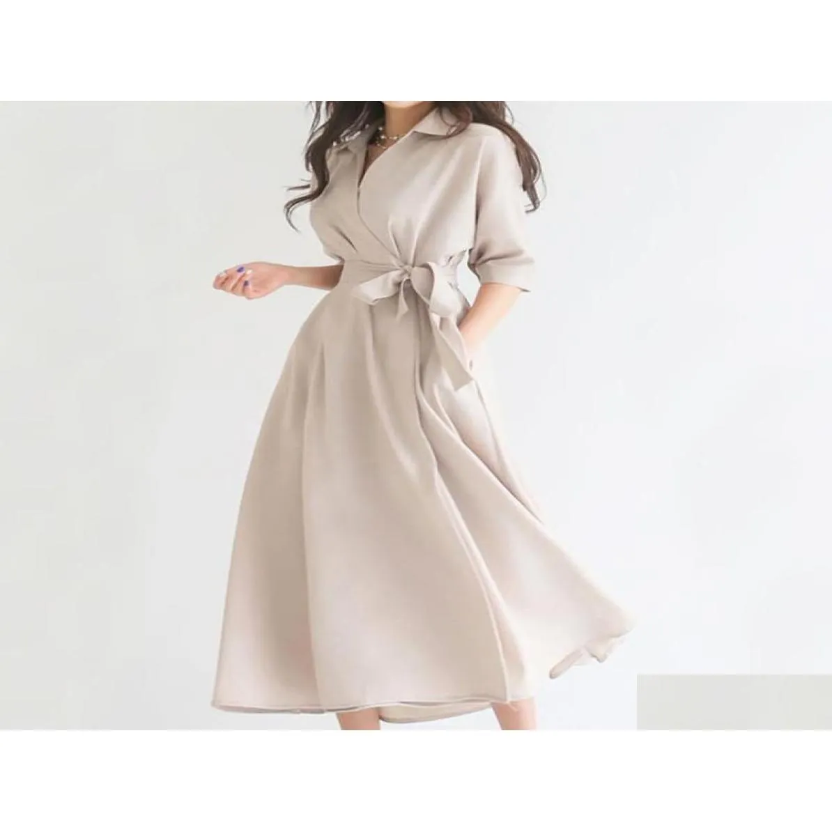 Casual Dresses Elegant Dress Women Solid Turn Down Collar OnePiece Korean Female Clothes Summer 2022 Office Lady Work5315935