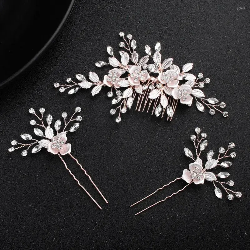 Hair Clips Rose Gold Color Floral Bridal Comb Pins Set Crystal Wedding Piece Accessories Women Prom Headpiece