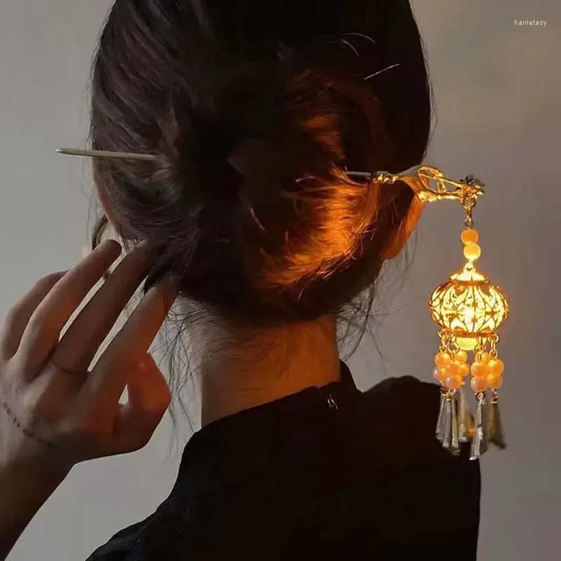 Vintage Chinese Style Lantern Light Tassel Hair Sticks Metal With Pendant Hairpin For Girls Accessories