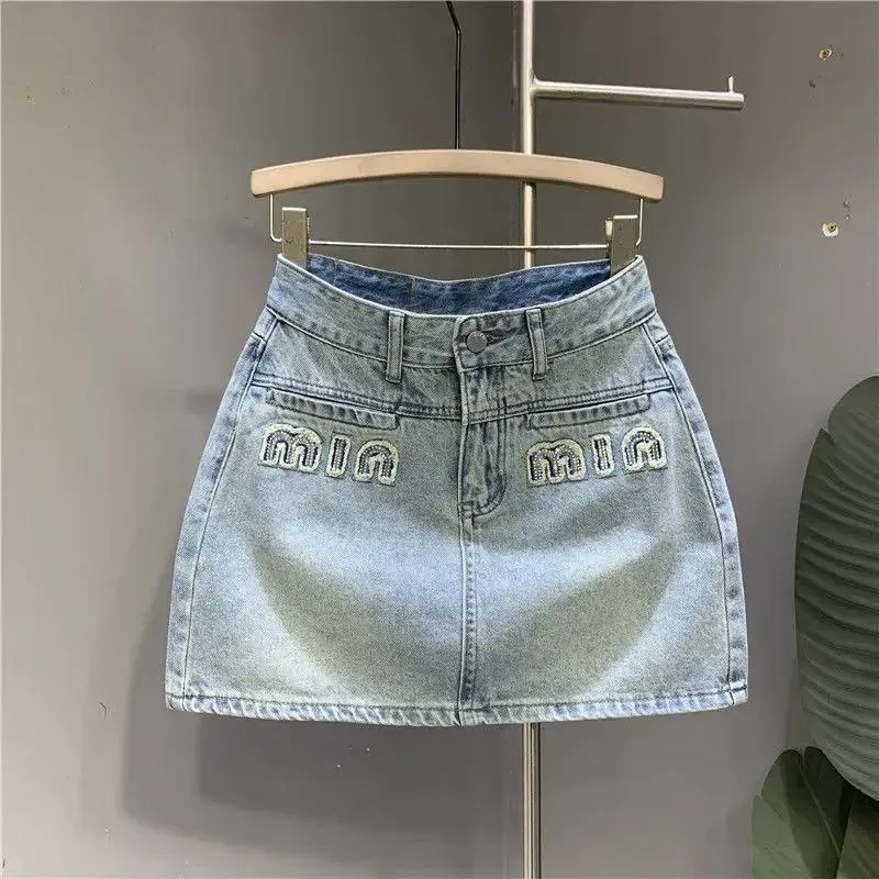 Skirts 2023 Summer Vintage Mini Denim Belted Design Aline Jeans Skirts Casual Loose High Waist Short Skirt Korean Fashion Clothing
