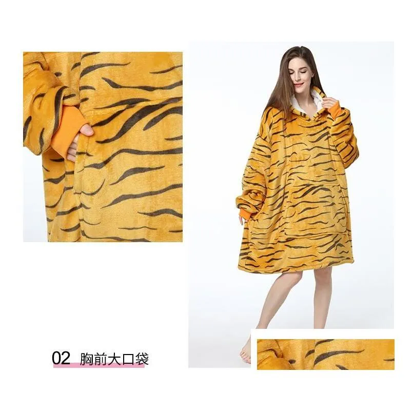 Women`s Home Sleepwear Printed Lazy Clothes Pullover Fleece Hooded TV Blanket Outdoor Function Cold-proof Clothing Tracksuit