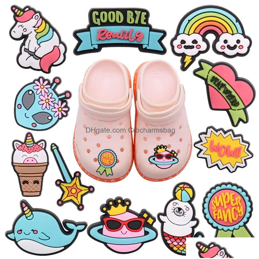 Shoe Parts & Accessories Wholesale 100Pcs Pvc Planet Heart Alien Horse Wow Stay Weird Flower Whale Seal Rainbow Garden Charms Children Dhho0