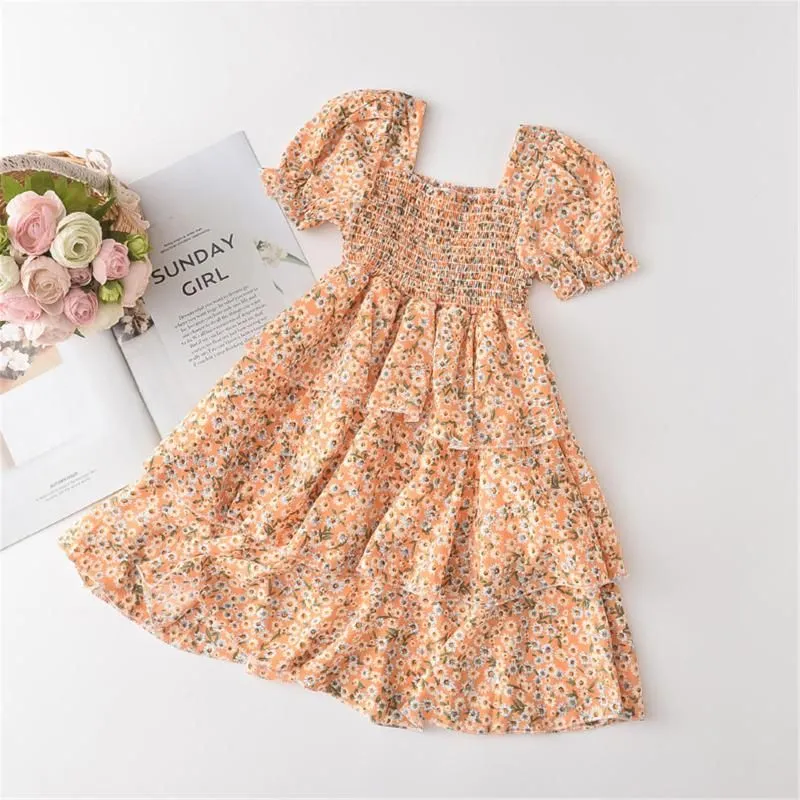 Girl039s Dresses 2022 Baby Summer Clothing Kids Girls Fashion Short Sleeve Floral Elastic Dress Stylish Square Collar Children2899447