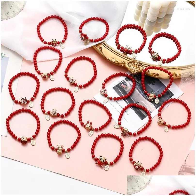 Strand Meetvii Chinese Style Red Glass Beads Bracelets Lucky Character Fu Gourd Wallet Animal Charm Jewelry