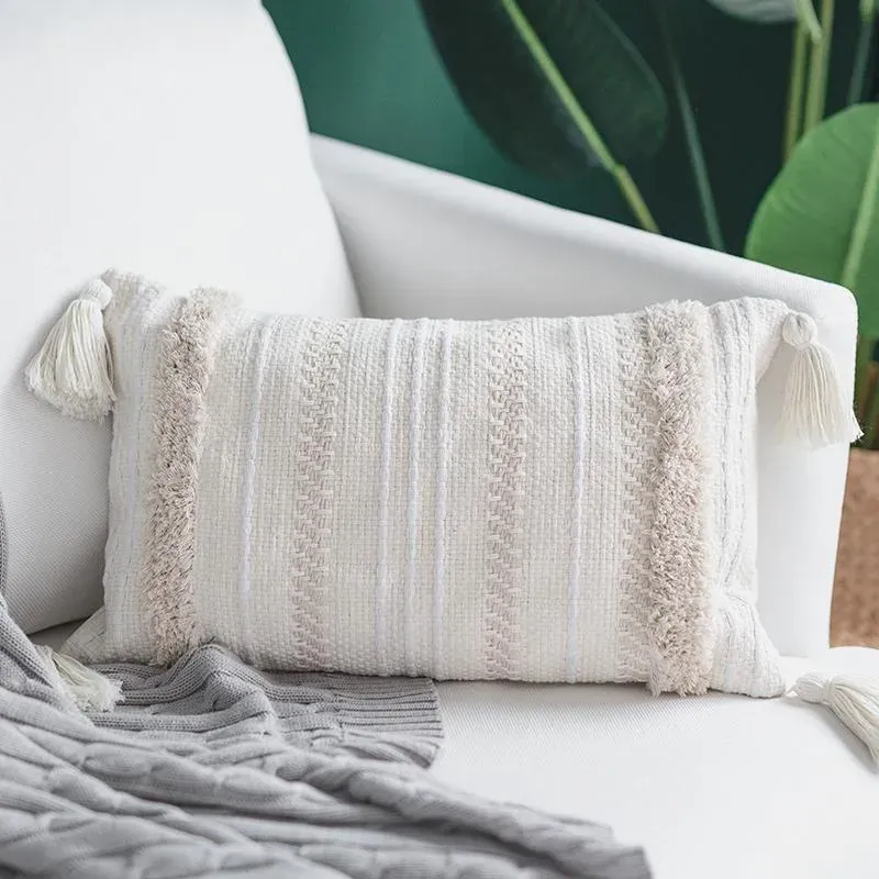 Pillow Cotton Woven Cover Iovry Tassels Morroccan Style Tuft For Home Decoration Sofa Bed 45x45cm/30x50cm/50x50cm /Decorative
