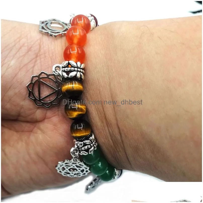 Charm Bracelets Jln Seven Chakra Symbol Bracelet Yoga Healing Stone Amethyst Quartz Stretch Gift For Man And Drop Delivery Jewelry Dhvve