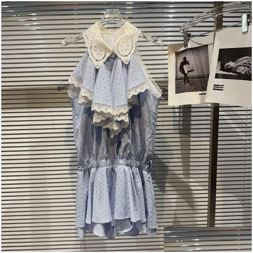 Women`s Tracksuits PREPOMP Summer Arrival Lace Ruffles Rhinestone Diamonds Shirt Elastic Waist Short Blue Plaid Two Piece Set Outfits