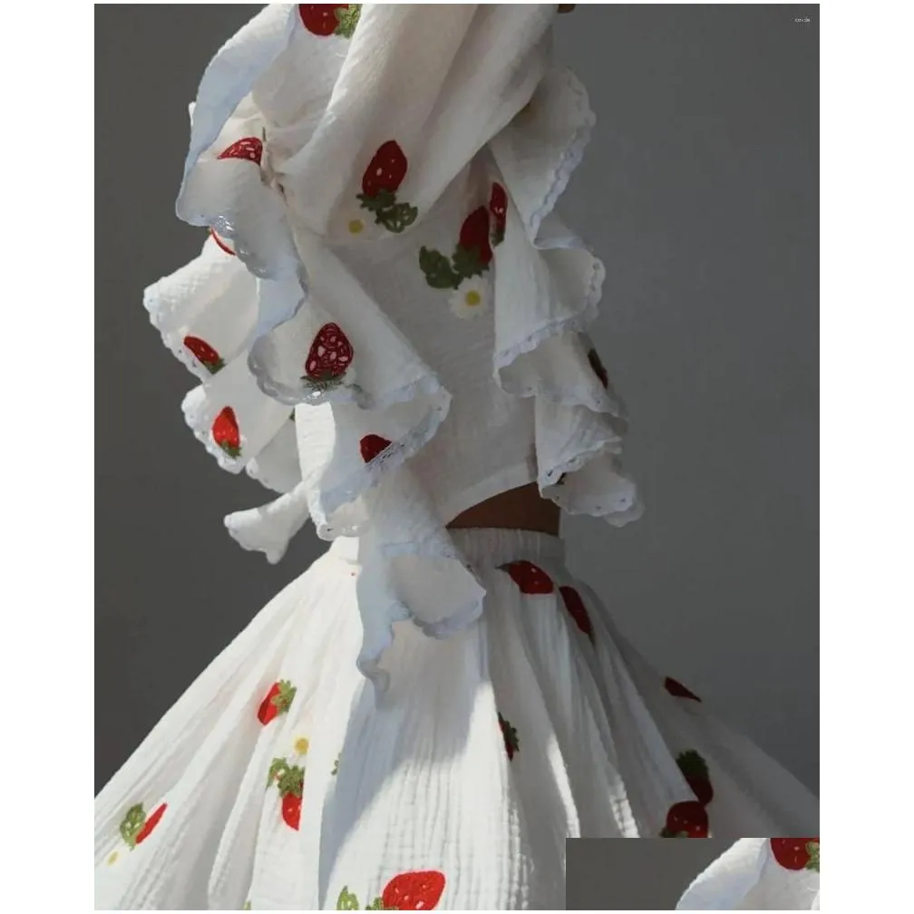 Work Dresses Women Cotton Linen Print Loose Suit Lantern Sleeve Ruffles V-neck Patchwork Single-Breasted Top High Waist Mini Skirt