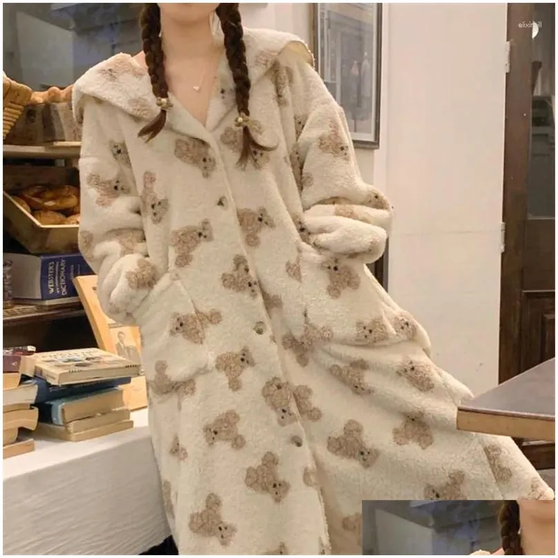 Women`s Sleepwear Flannel Nightgowns Women Fleece Warm Bear Korea Style Sweet Sleepshirt Thermal Winter Nightdress Nightwear Home