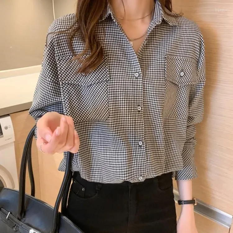Women`s Blouses 2023 Autumn Women`s Plaid Chiffon Blouse For Women Long Sleeve Shirt Office OL Ladies Pocket Single-Breasted Tops