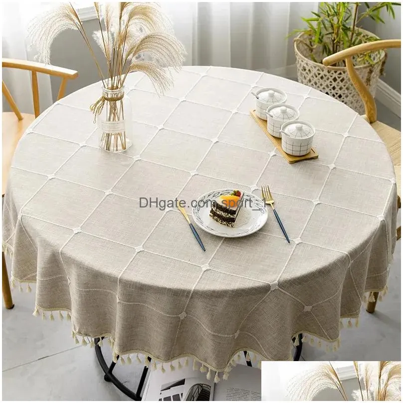 table cloth plain linen round tablecloth with tassel cover for dining coffee living room home obrus tafelkleed mantel de mesa 231019
