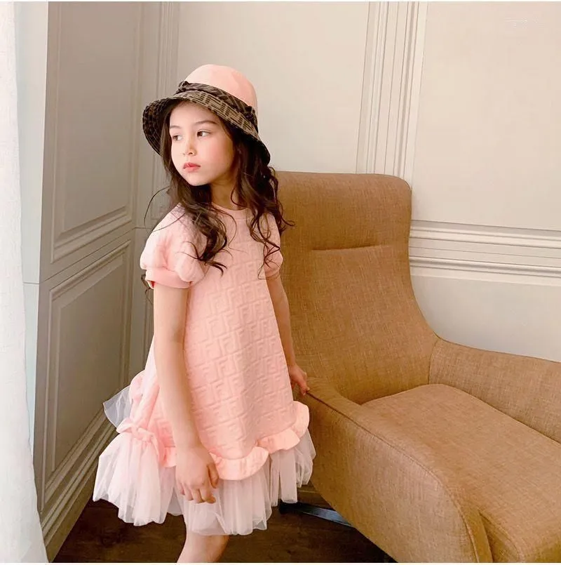 Girl Dresses Spring Summer Girls Dress Fashion 2-9Y Children Pink Long Baby Short-sleeved Mesh Princess Teenage Clothing