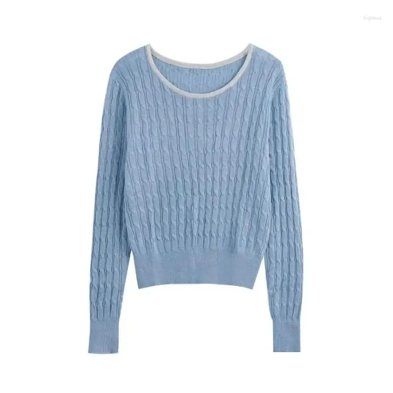 Women`s Sweaters Knitting Round Neck Pullover Pattern Contrast KniT-Shirt Autumn Korean Slim Long Sleeve Tops