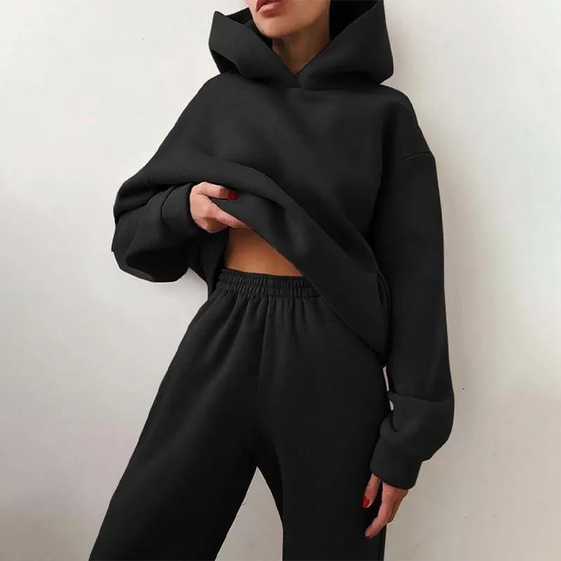 Women Tracksuits Elegant Solid Sets For Warm Hoodie Sweatshirts And Long Pant Fashion Two Piece Ladies Lace Up Sweatshirt Suits
