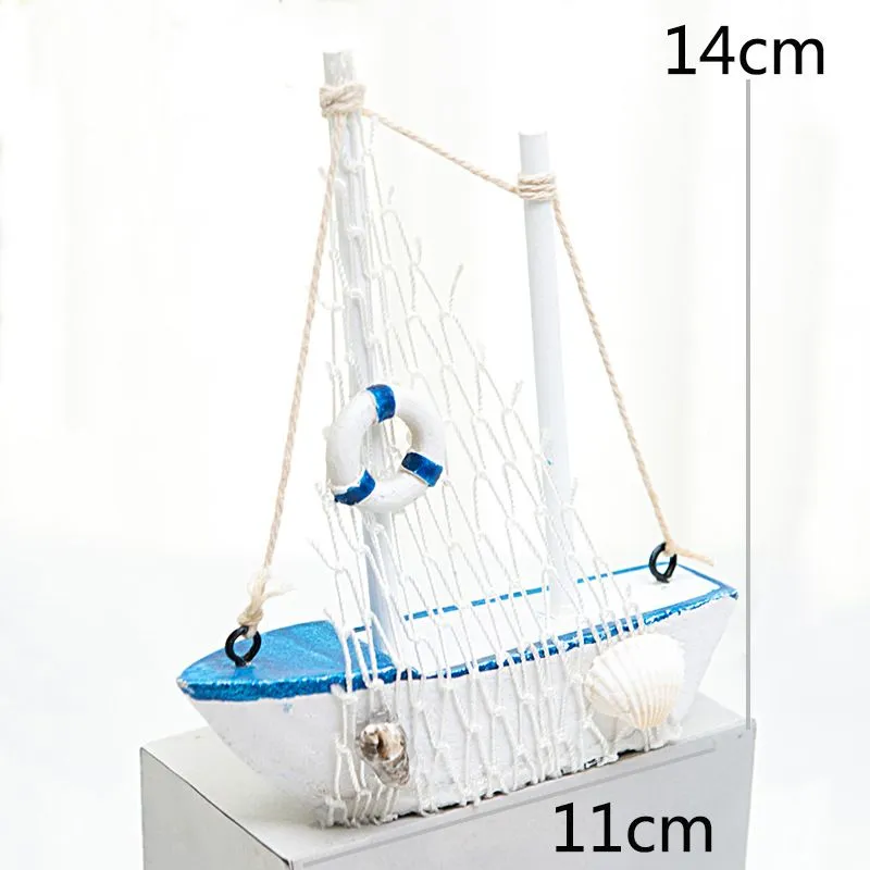 Mini Sailboat Model Decoration Wooden Miniature Sailing Boat Home Decor Set, Beach Nautical Design, Navy Blue and White