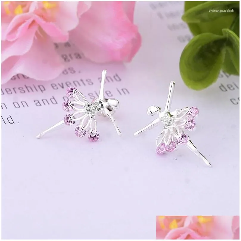 Stud Earrings 925 Silver Flower Fairy Angel Ballet Ballerina Dancer Pink Zircon For Women Kids Pendientes Fashion 2023