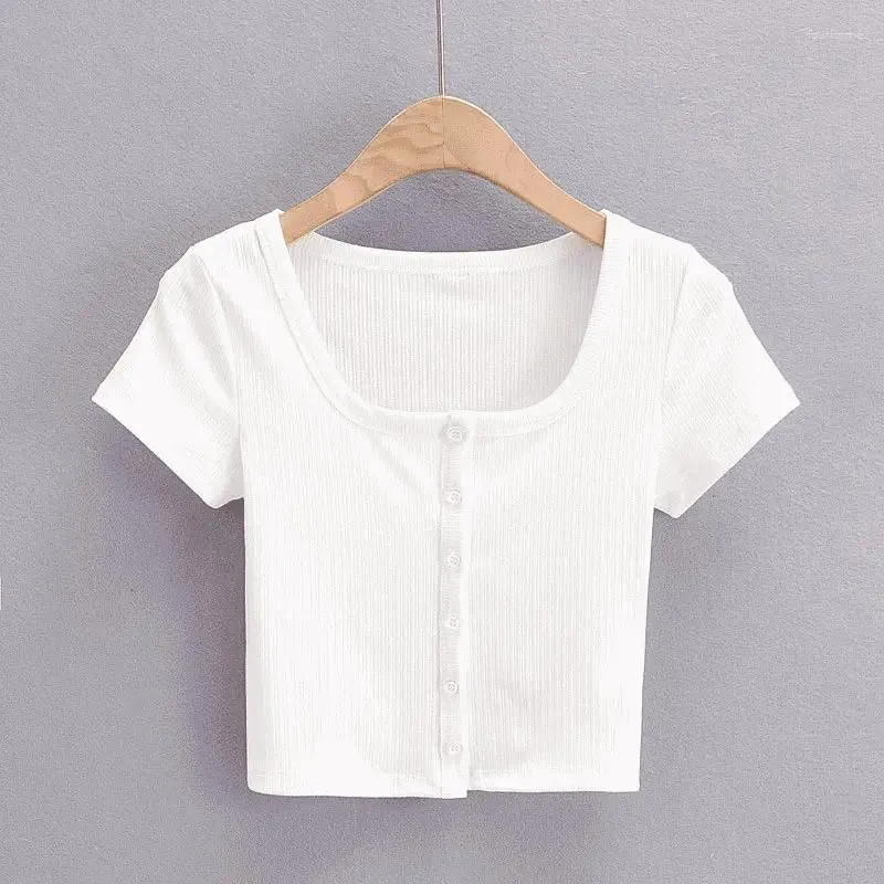 Women`s T Shirts Women Rib Button Through Short Sleeve Top