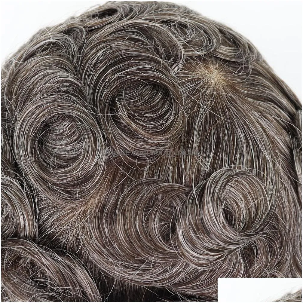 40 grey human hair mens toupee indian remy hair replacement system 6 inch curly toupee for men french lace hairpiece6710052