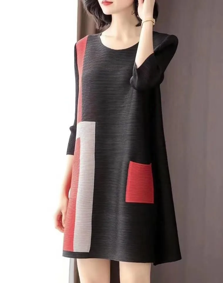 Casual Dresses Miyake Summer Fashion Patchwork Pleated Loose O-neck Three Quarter DressCasual