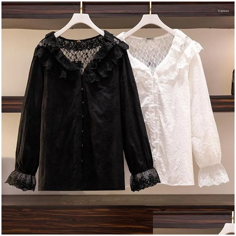 Women`s Blouses Arge Size Women`s Bust 153 Spring Loose Embroidery Hollow Lace Shirt Ruffle Lantern Sleeve Top 5XL 7XL 9XL 160KG
