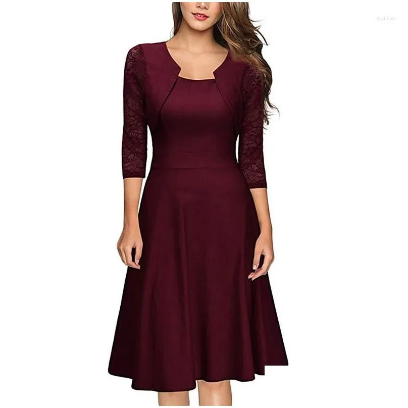 Casual Dresses Retro Solid A-line Party Dress Women Spring Autumn Square Collar Half Sleeve Hollow Out Elegant Office Lady Vestidos