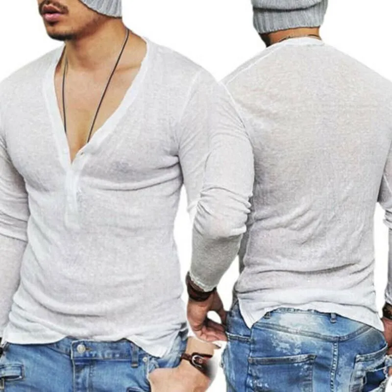 2019 New Style Hot Fashion Men Casual Long Sleeve Slim Fit Shirts Deep V Neck Long Line Shirt Top T-Shirt