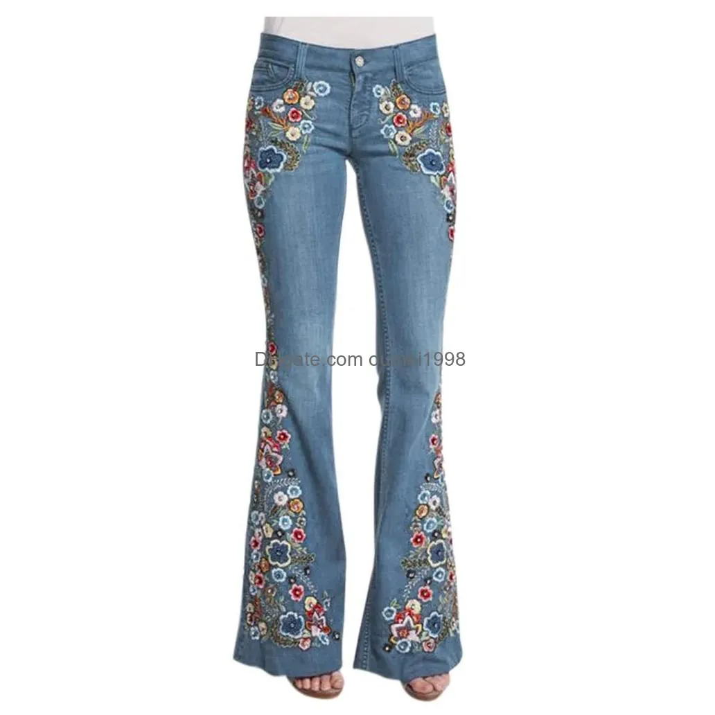 Women`S Jeans Streetwear Long Pants Denim For Women Embroidery Destoryed Flare Button Waist Bell Bottom Drop Delivery Apparel Clothin Dhkxy