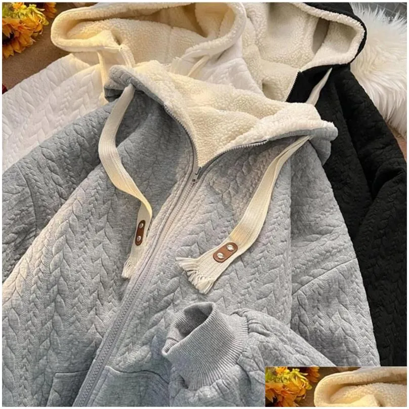 Women`s Jackets DUOFAN Solid Color Hoodies Coats Women`s Autumn And Winter Cashmere Thickened Lamb Wool Female Hooded Tops With