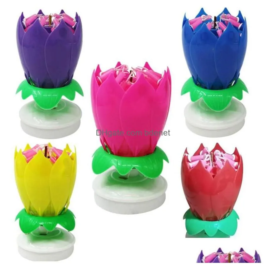 Other Festive & Party Supplies Blossom Rotating Musical Candle Lotus Flower Happy Birthday Art Lights For Diy Cake Decoration Kids G D Dhits