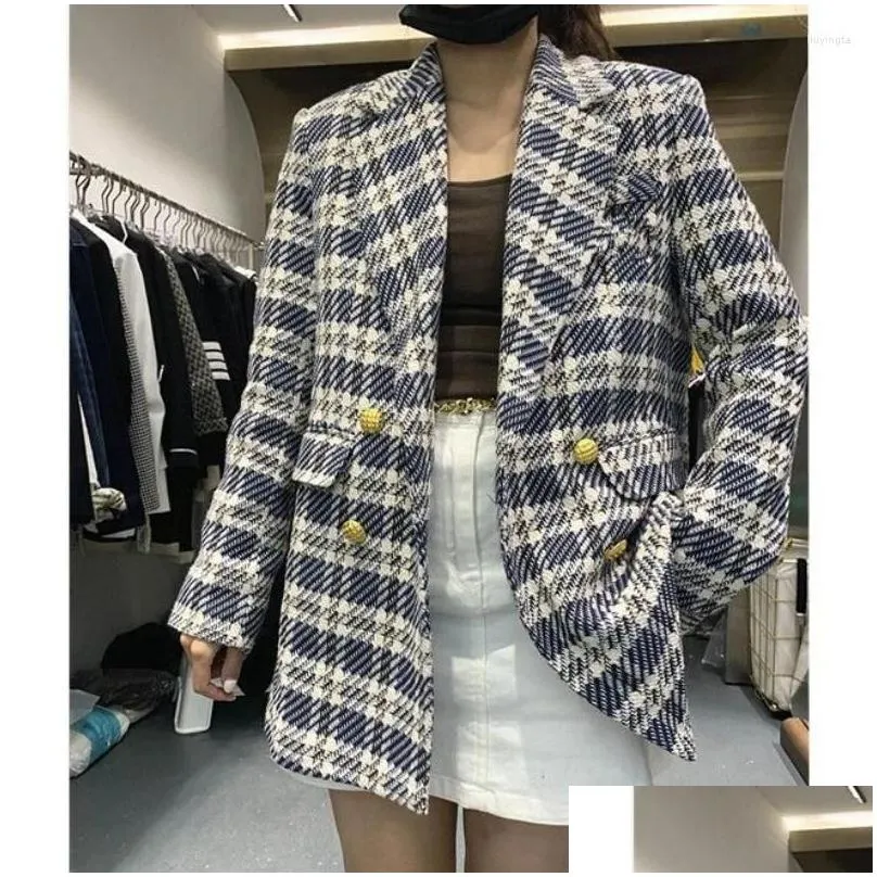 Women`s Jackets Korean Fashion Plaid Tweed Blazers Women Fall Vintage Double Breasted Quilted Cotton Suit Jacket Elegant Lady Chic Coat