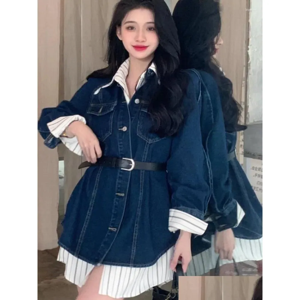 Women`s Jackets Hikigawa Autumn Vintage Women Denim Casual Chic Fashion Long Sleeve Turn Down Collar Outerwear Roupas Femininas