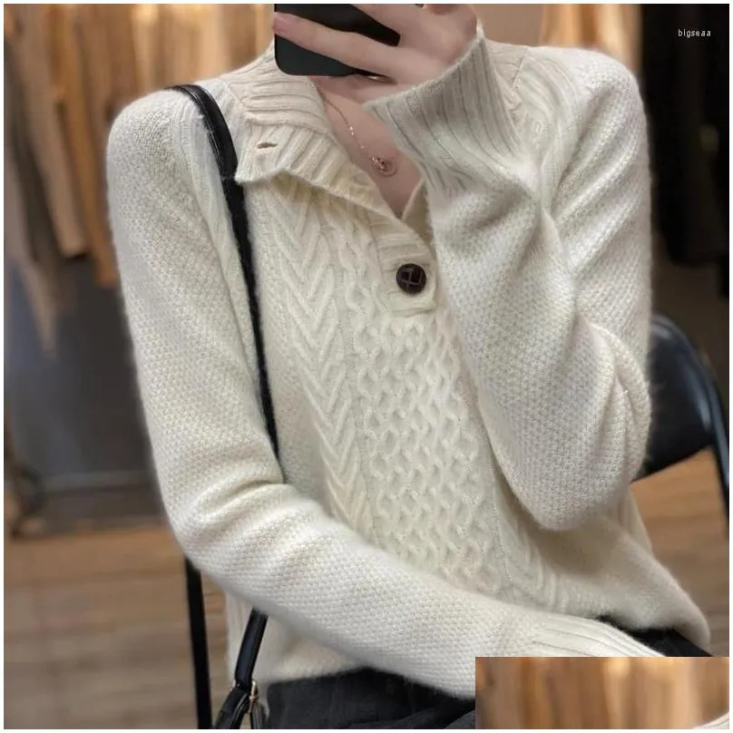 Women`s Sweaters Three-Button Cashmere Sweater Loose Fit Twisted Floral Base Polo Neck Long Sleeve Knitted In Solid Color