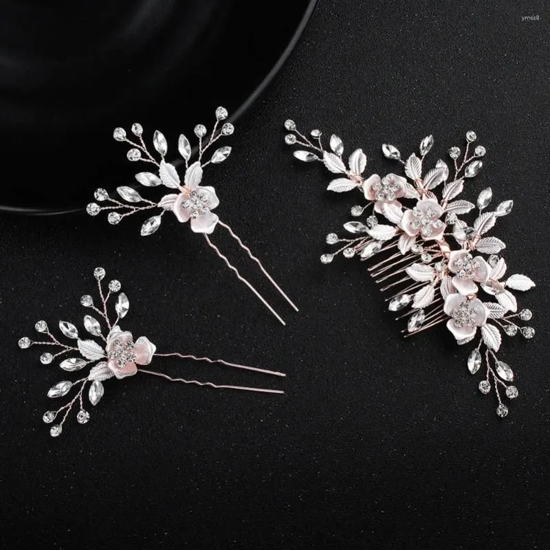 Hair Clips Rose Gold Color Floral Bridal Comb Pins Set Crystal Wedding Piece Accessories Women Prom Headpiece