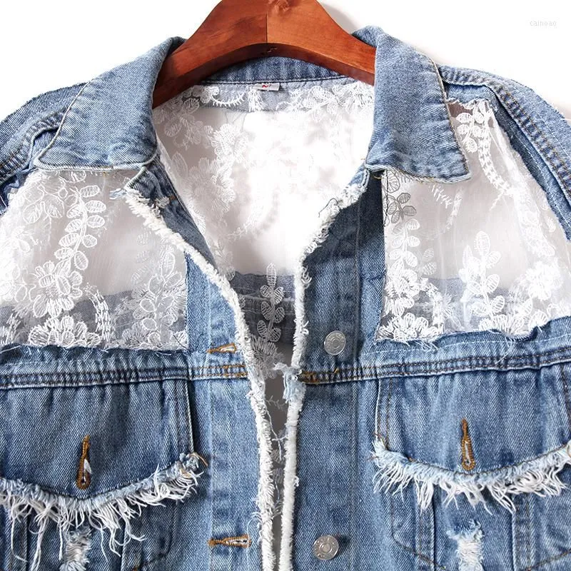 Women`s Jackets Floral Embroidered Cutout Lace Panel Denim Women`s Summer Jeans Sun Protection Clothing Splice Jean Tops