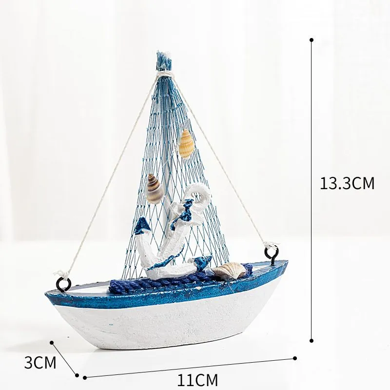 Mini Sailboat Model Decoration Wooden Miniature Sailing Boat Home Decor Set, Beach Nautical Design, Navy Blue and White