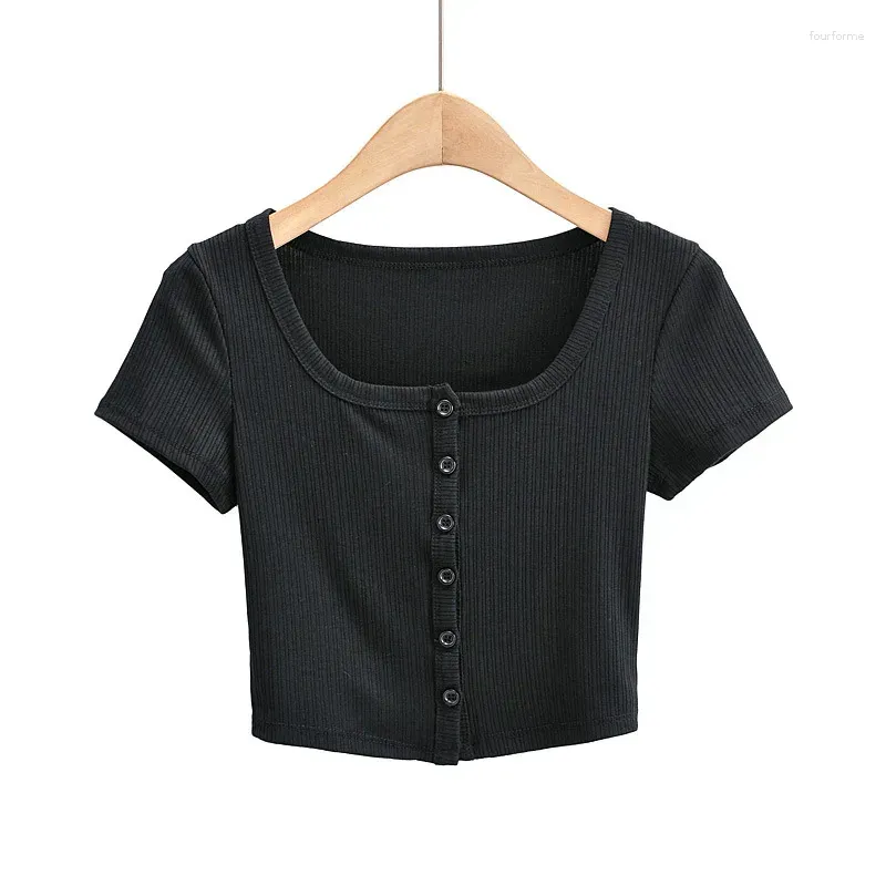 Women`s T Shirts Women Rib Button Through Short Sleeve Top